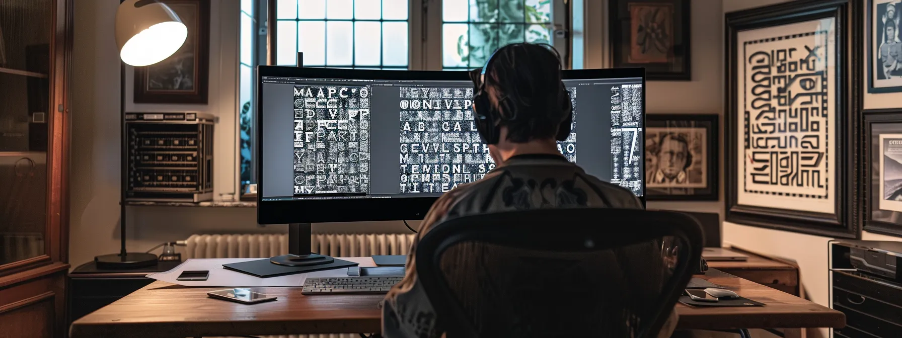 a designer carefully compares different typefaces displayed on a dual-screen monitor, showcasing the contrast between a sleek helvetica font and a classic morris fuller benton typeface. a designer carefully compares different typefaces displayed on a dual-screen monitor, showcasing the contrast between a sleek helvetica font and a classic morris fuller benton typeface.