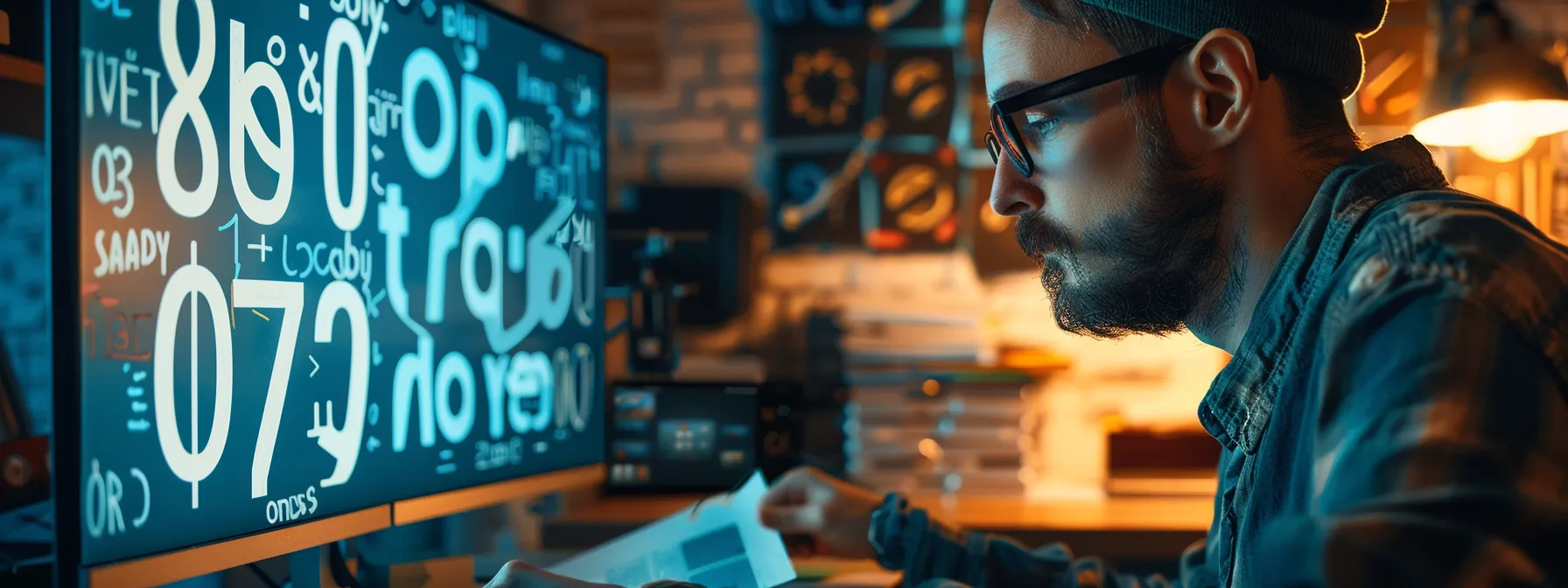 a designer comparing a sleek, legible font to a busy, decorative font on a computer screen. a designer comparing a sleek, legible font to a busy, decorative font on a computer screen.