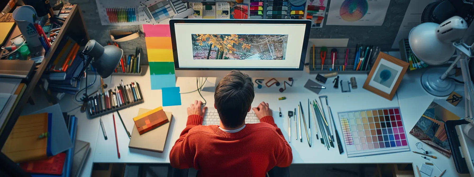 a designer studying a sleek, modern typeface on a computer screen, surrounded by color swatches and graphic design tools. a designer studying a sleek, modern typeface on a computer screen, surrounded by color swatches and graphic design tools.