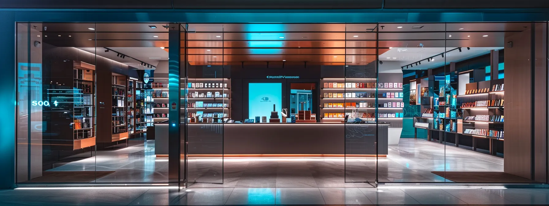 a sleek and modern branded storefront displaying the consistent color palette across various marketing materials and products. a sleek and modern branded storefront displaying the consistent color palette across various marketing materials and products.